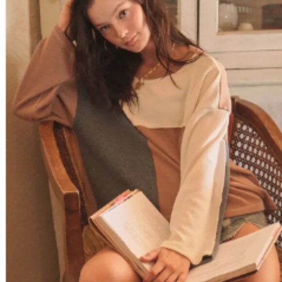 Oversize Colorblock Knit Sweater Neutral Tones Fall Winter Pullover Top - Picture 4 of 4